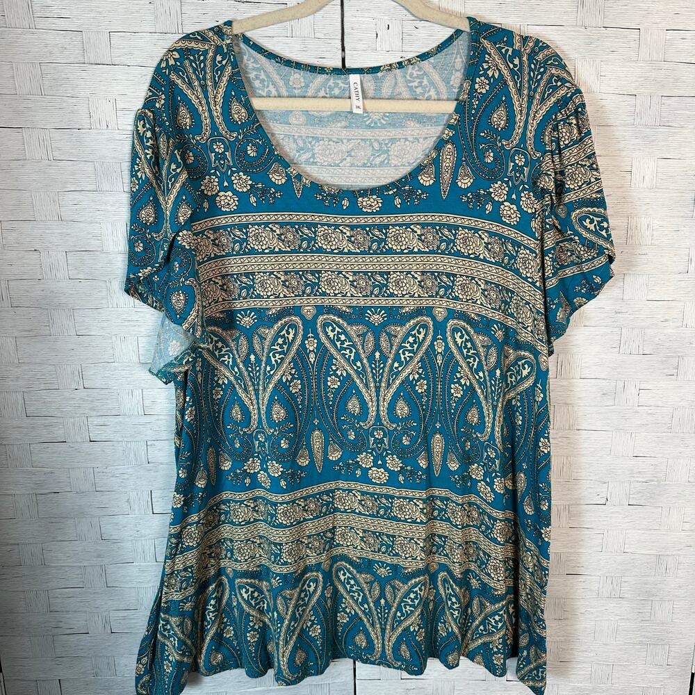 Cathy womens‎ T-shirt pedal sleeves Paisley Buti aqua tan bohemian plus size